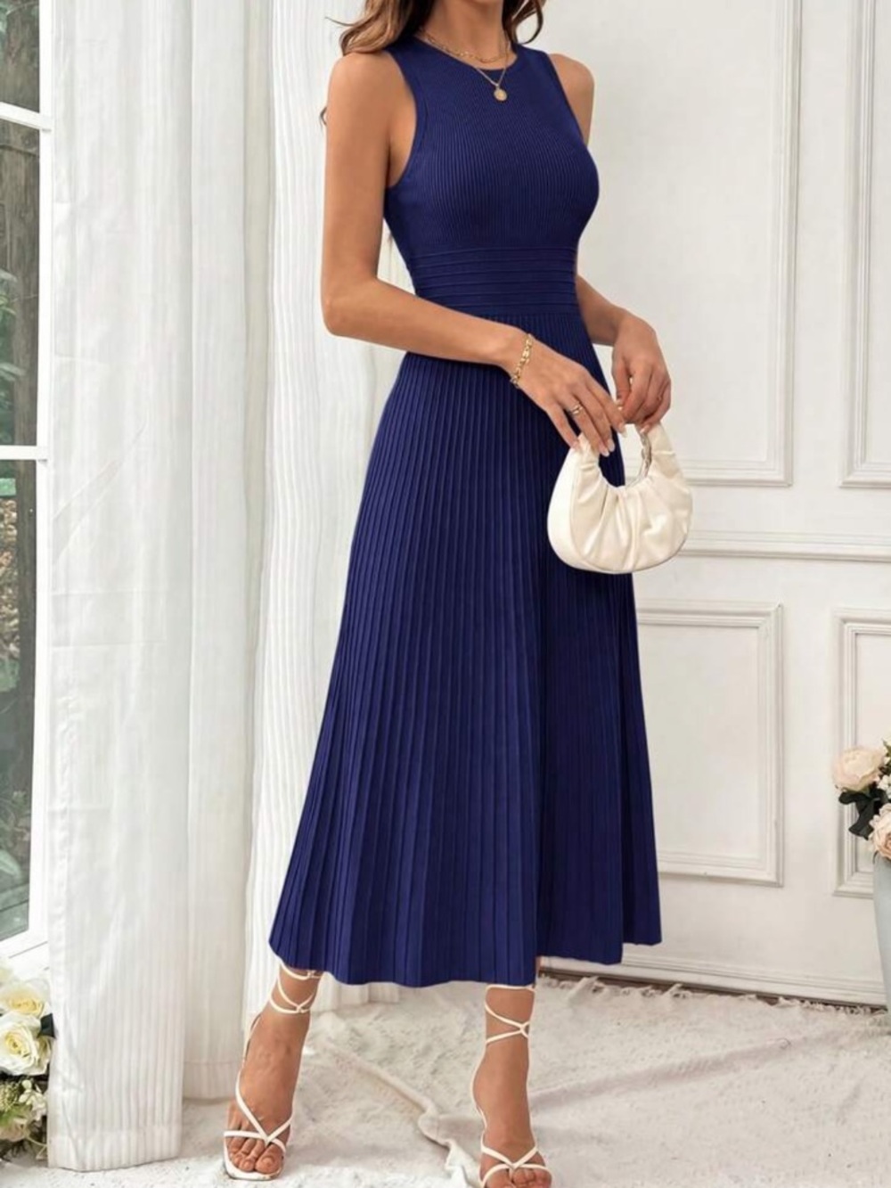 Sleeveless Pleated Midi Dress in Navy Blue